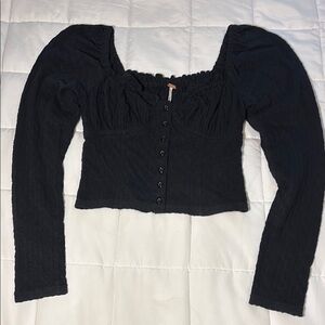 Free People Ladybug Long Sleeve Black Button Down Top